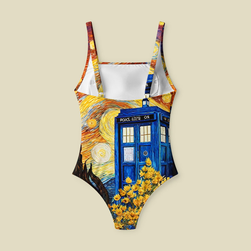 Tardis Time Travel Van Gogh Oil Painting Tummy Control One Piece Swimsuit