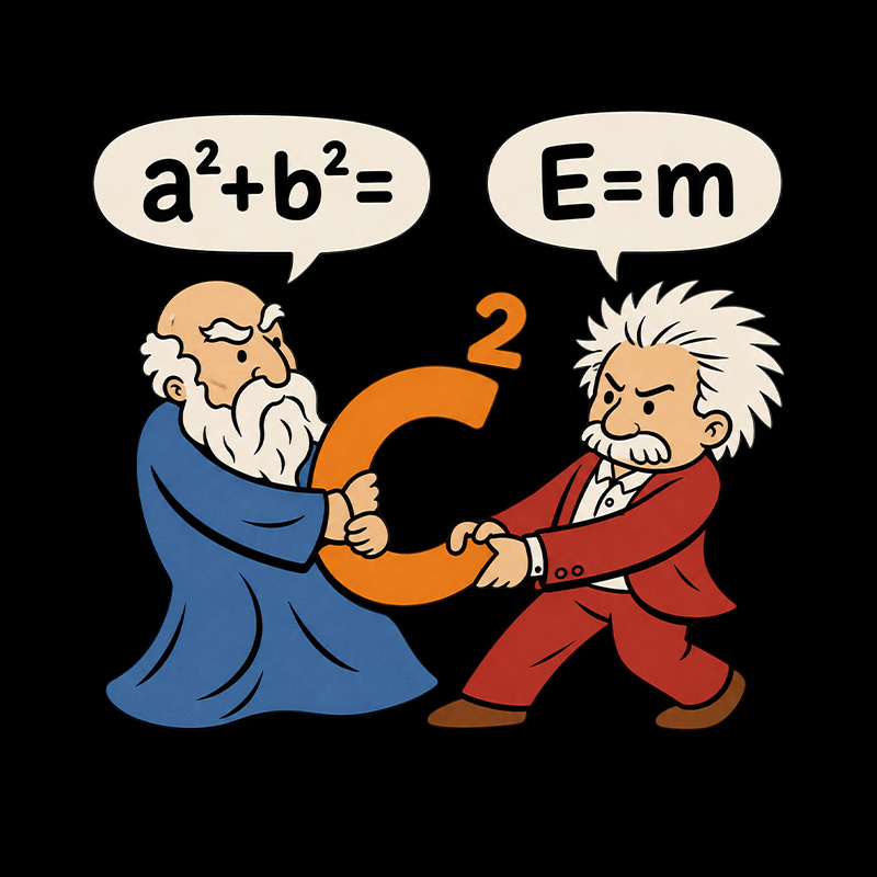 Pythagoras Einstein Formula Tug War Math Physics Playful T-Shirt