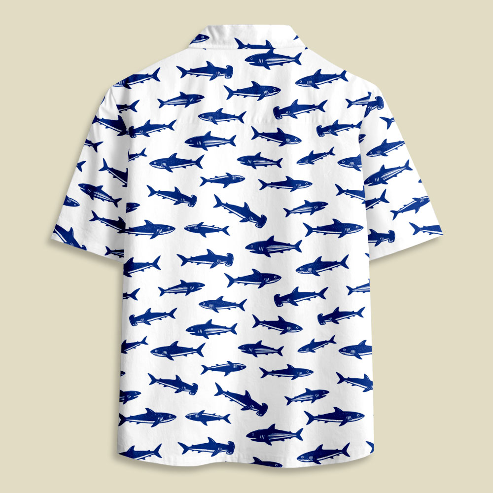 Nautical Blue Shark Stripe Strap Button Up Pocket Shirt