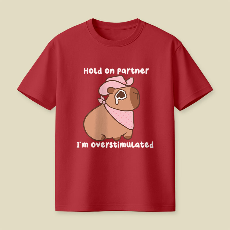 Hold On Partner I'm Overstimulated Cowboy Capybara Playful T-Shirt