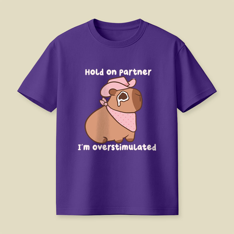 Hold On Partner I'm Overstimulated Cowboy Capybara Playful T-Shirt