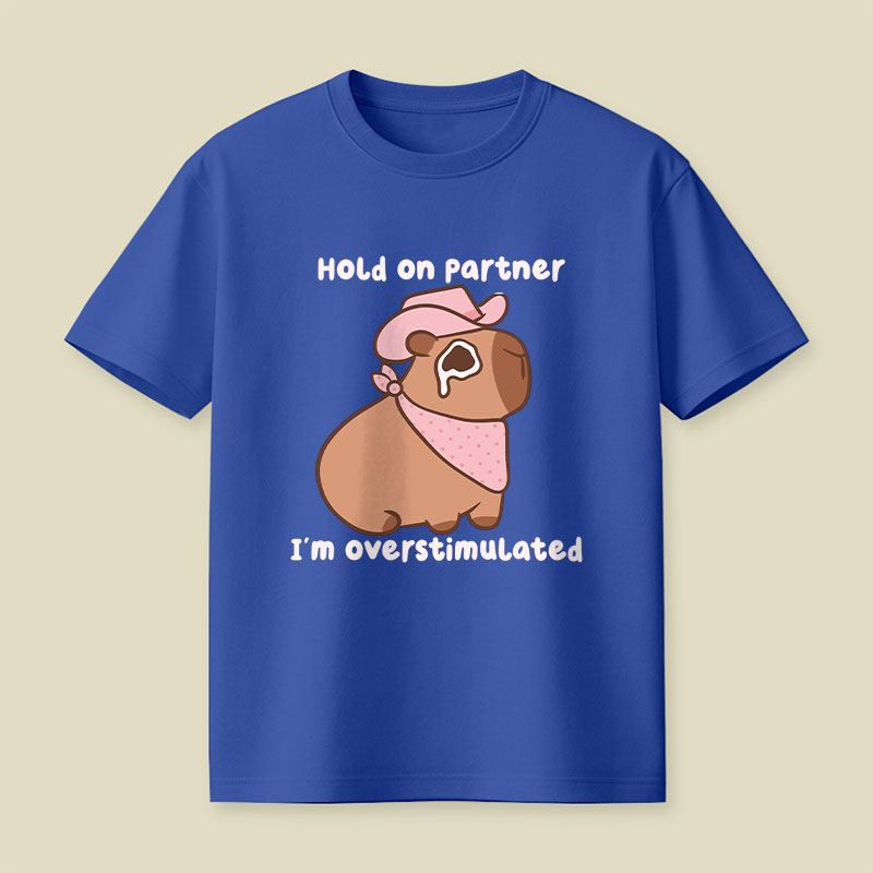 Hold On Partner I'm Overstimulated Cowboy Capybara Playful T-Shirt