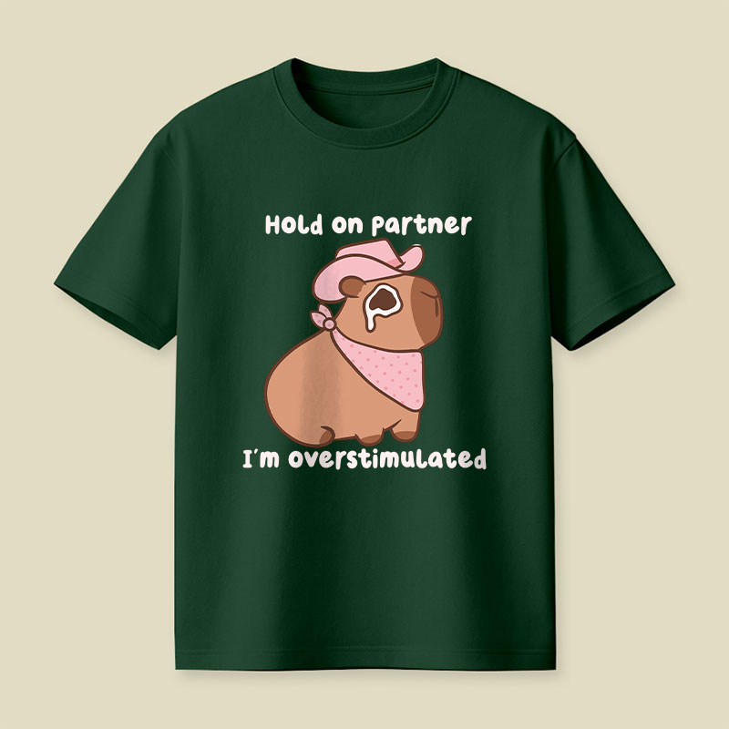 Hold On Partner I'm Overstimulated Cowboy Capybara Playful T-Shirt