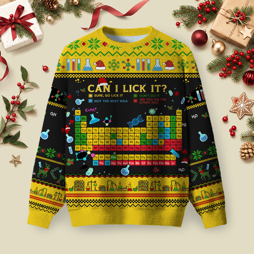 Can I Lick It Periodic Table Funny Ugly Christmas Fluffy Sweatershirt