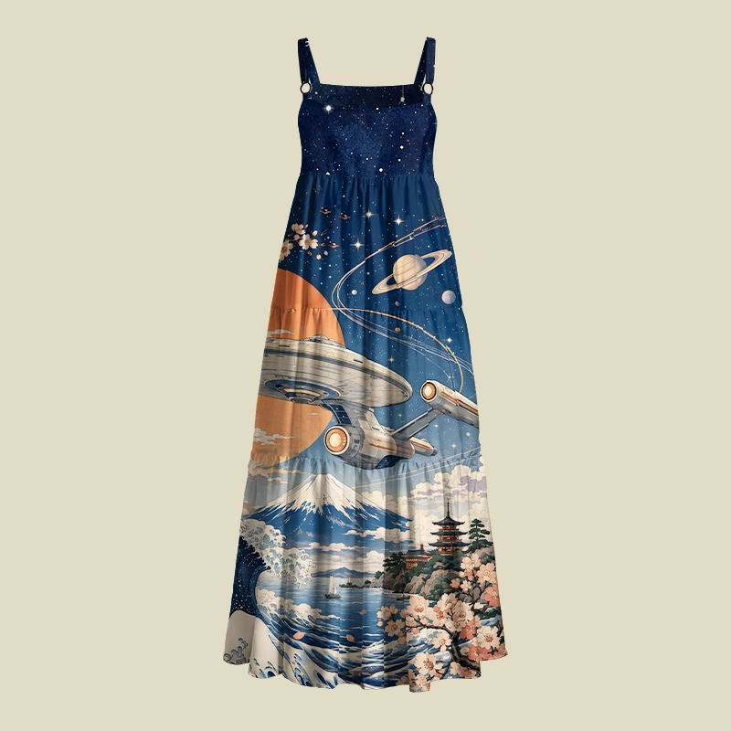 Great Wave Mount Fuji Space Starship Playful Maxi Dress
