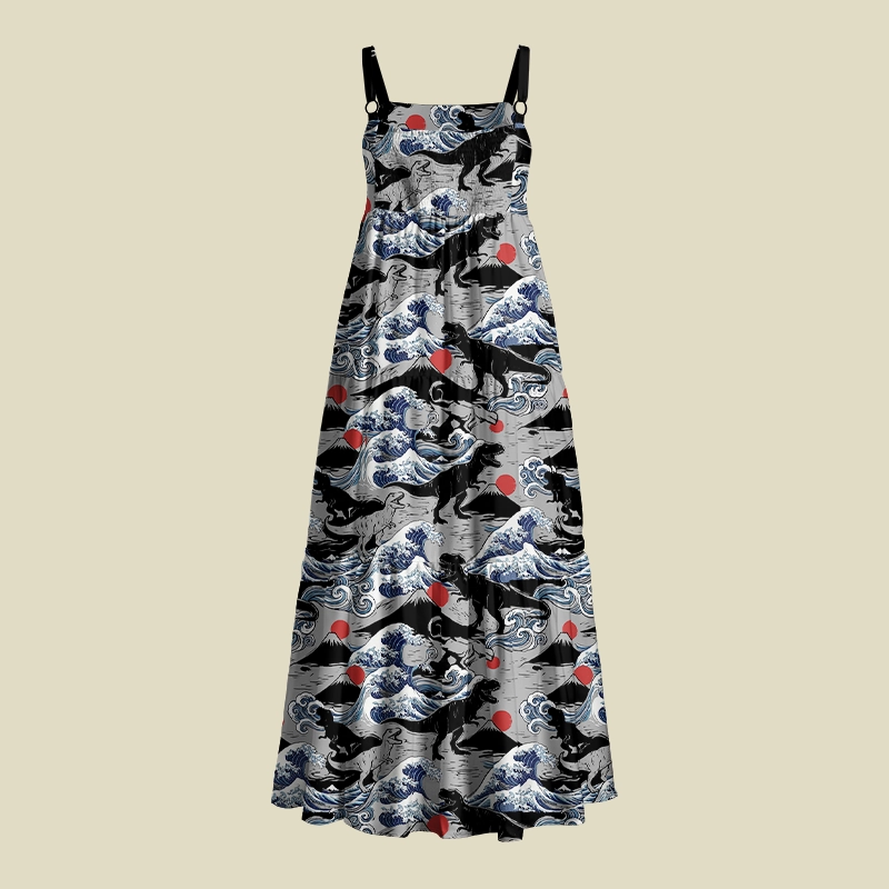 Japanese Wave Dinosaur Fusion Playful Maxi Dress