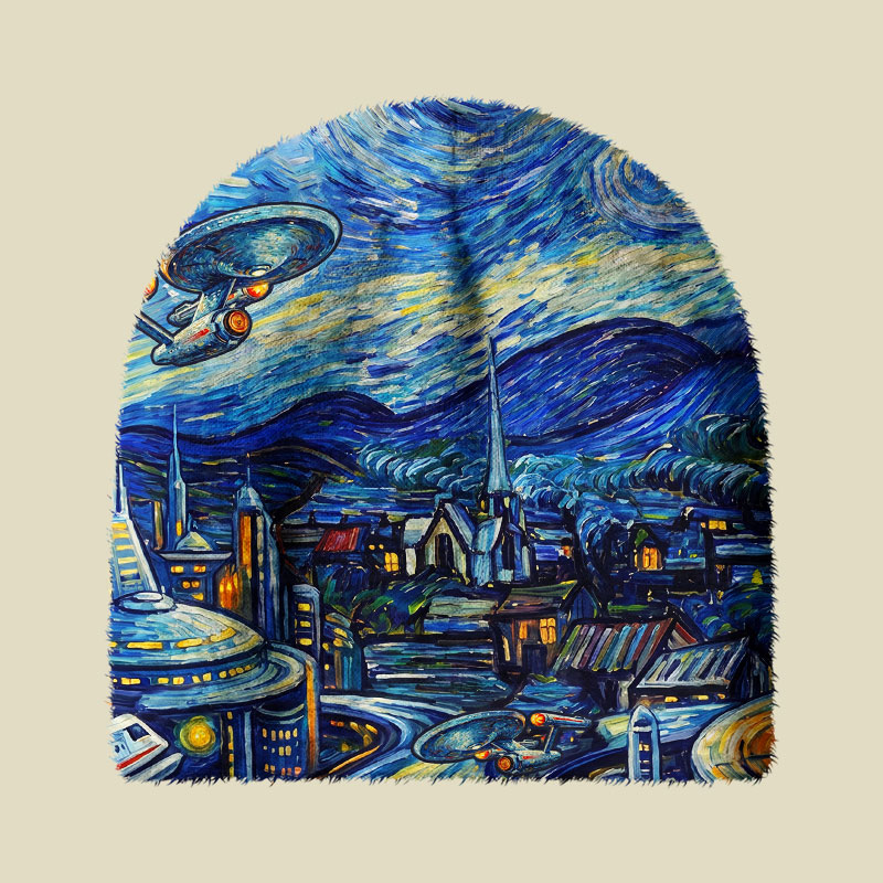 Starry Night Spaceship Fuzzy Beanie