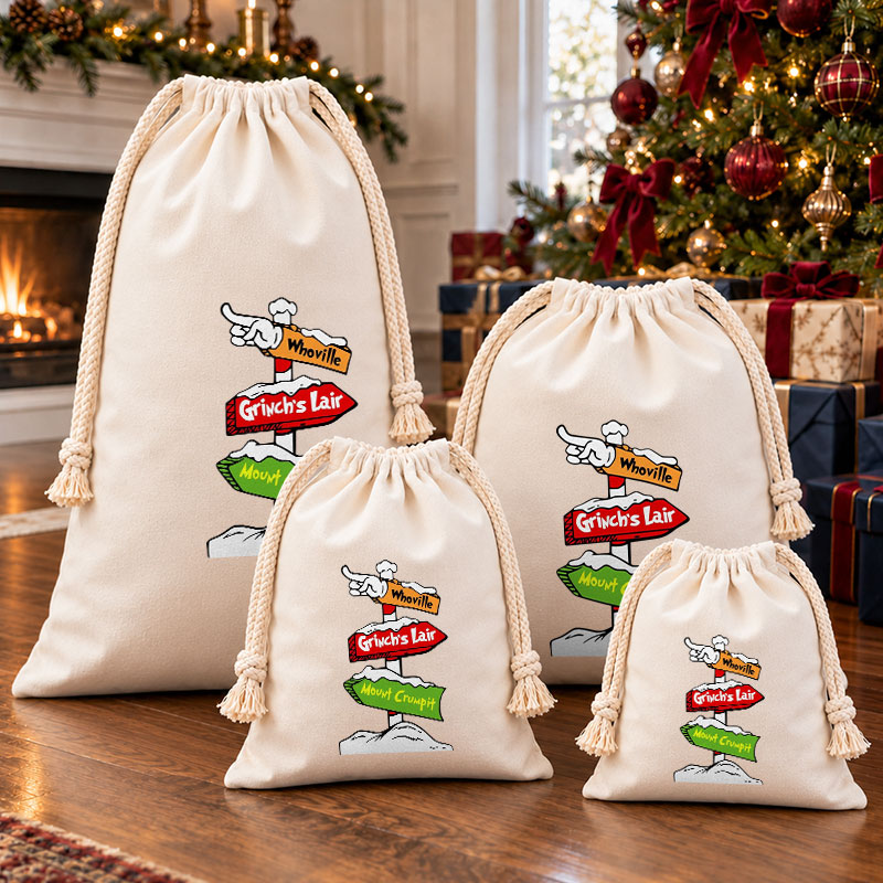 Whoville Directional Signpost Christmas Drawstring Gift Bag