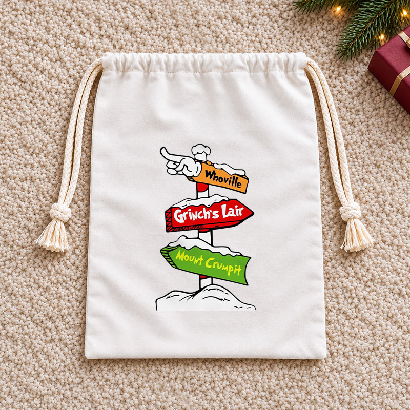 Whoville Directional Signpost Christmas Drawstring Gift Bag