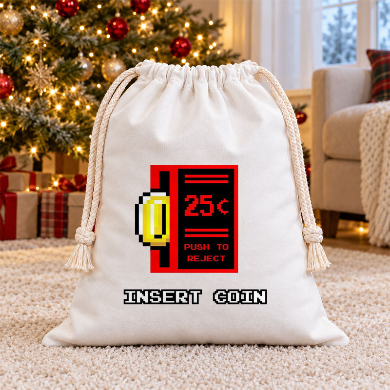 Retro Arcade Insert Coin Christmas Drawstring Gift Bag
