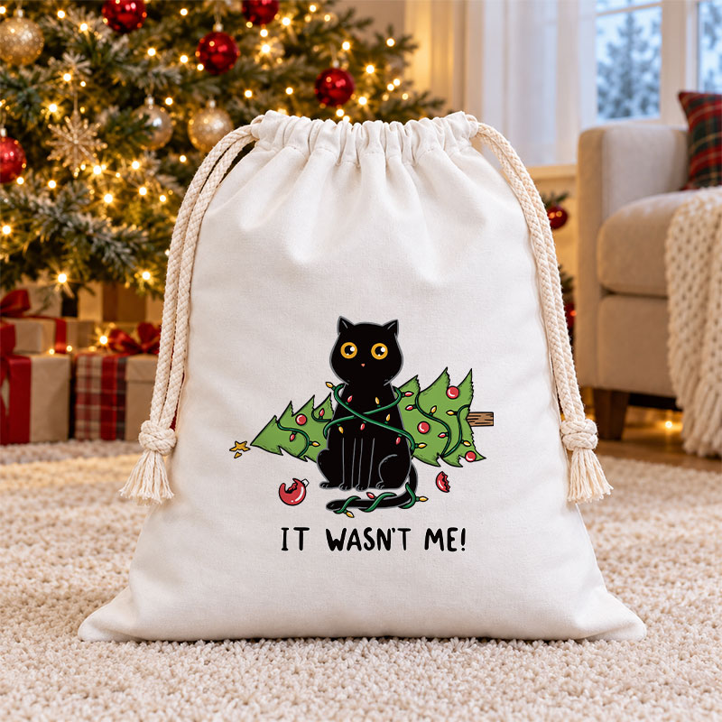 Cat and Christmas tree Christmas Drawstring Gift Bag