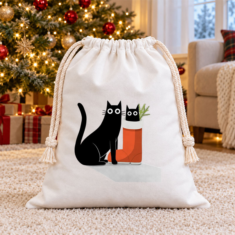 Black Cat & Kitten In Christmas Boot Christmas Drawstring Gift Bag