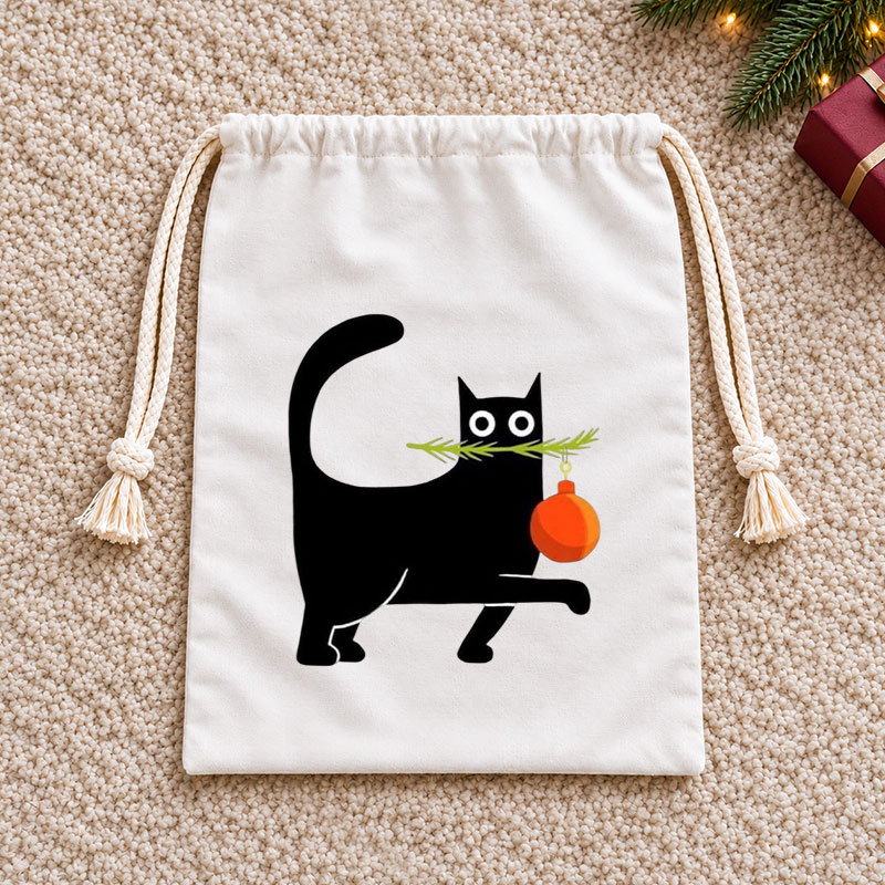 Black Cat Carrying Christmas Ornament Christmas Drawstring Gift Bag