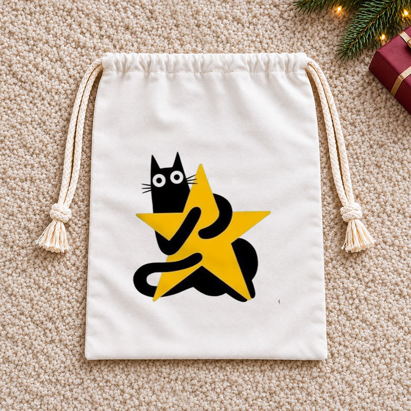 Black Cat Hugging Star Christmas Drawstring Gift Bag
