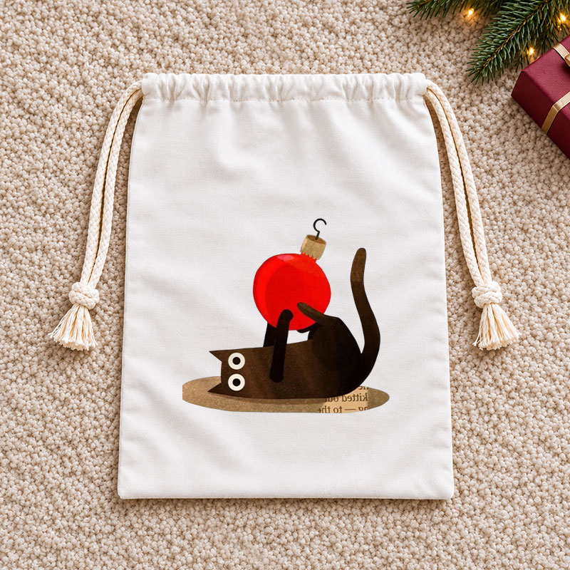 Black Cat Playing With Xmas Bauble Christmas Drawstring Gift Bag