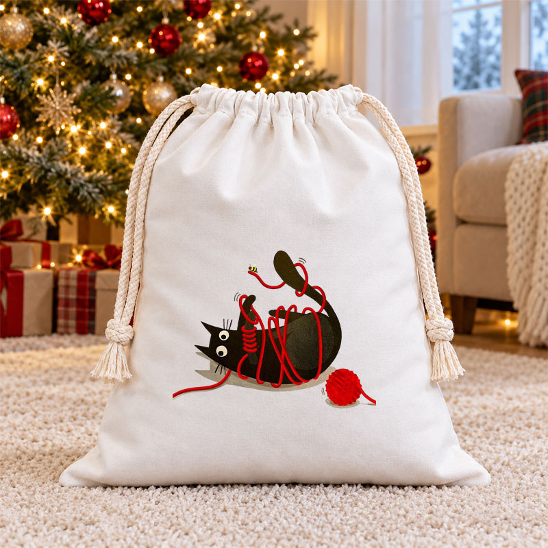 Black Cat Tangled In Red Yarn Christmas Drawstring Gift Bag