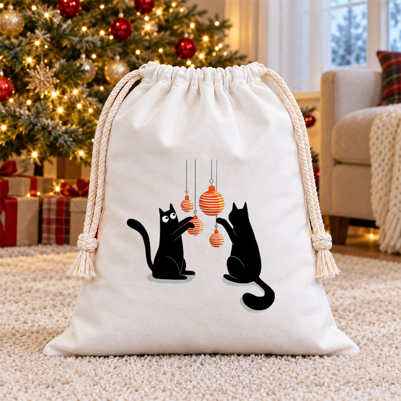 Dual Black Cats Xmas Bauble Playtime Christmas Drawstring Gift Bag