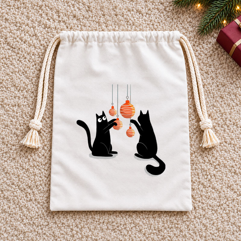 Dual Black Cats Xmas Bauble Playtime Christmas Drawstring Gift Bag