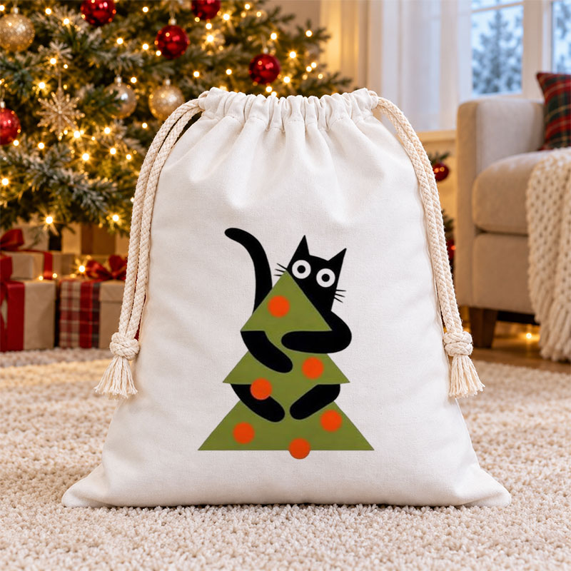 Funny Cat Climbing Christmas Tree Christmas Drawstring Gift Bag