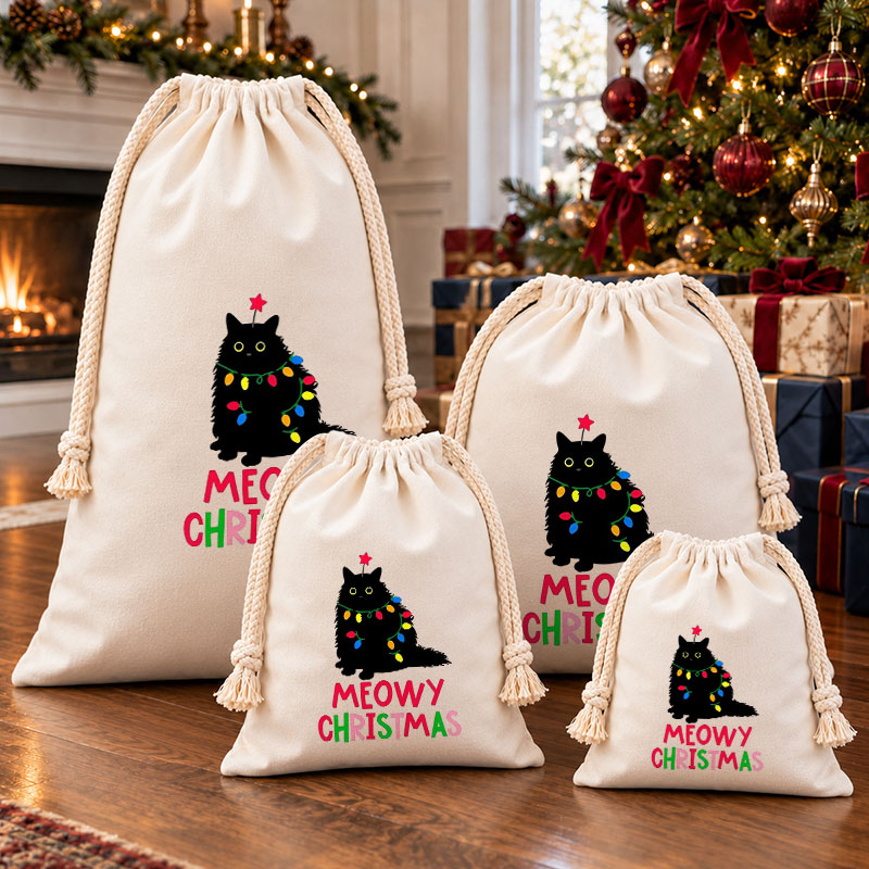 Meowy Christmas Fluffy Black Cat Christmas Drawstring Gift Bag