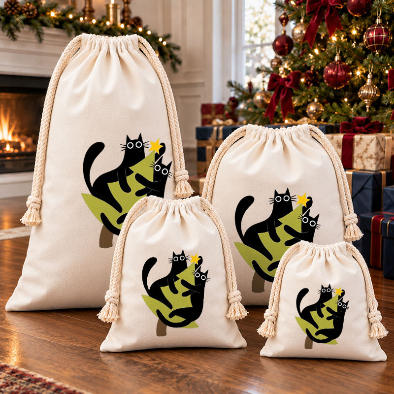 Playful Black Cats Hugging Xmas Tree Christmas Drawstring Gift Bag