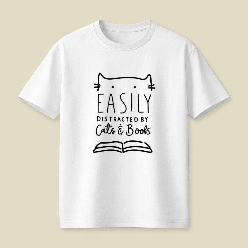 Funny Easily Distracted By Cats And Books Playful T-Shirt