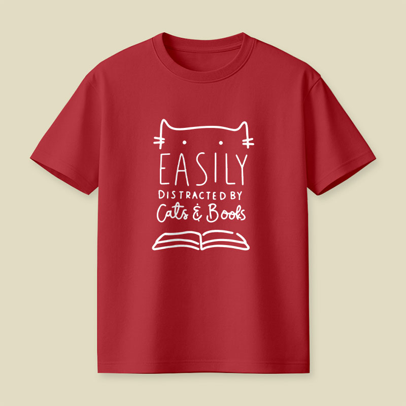 Funny Easily Distracted By Cats And Books Playful T-Shirt