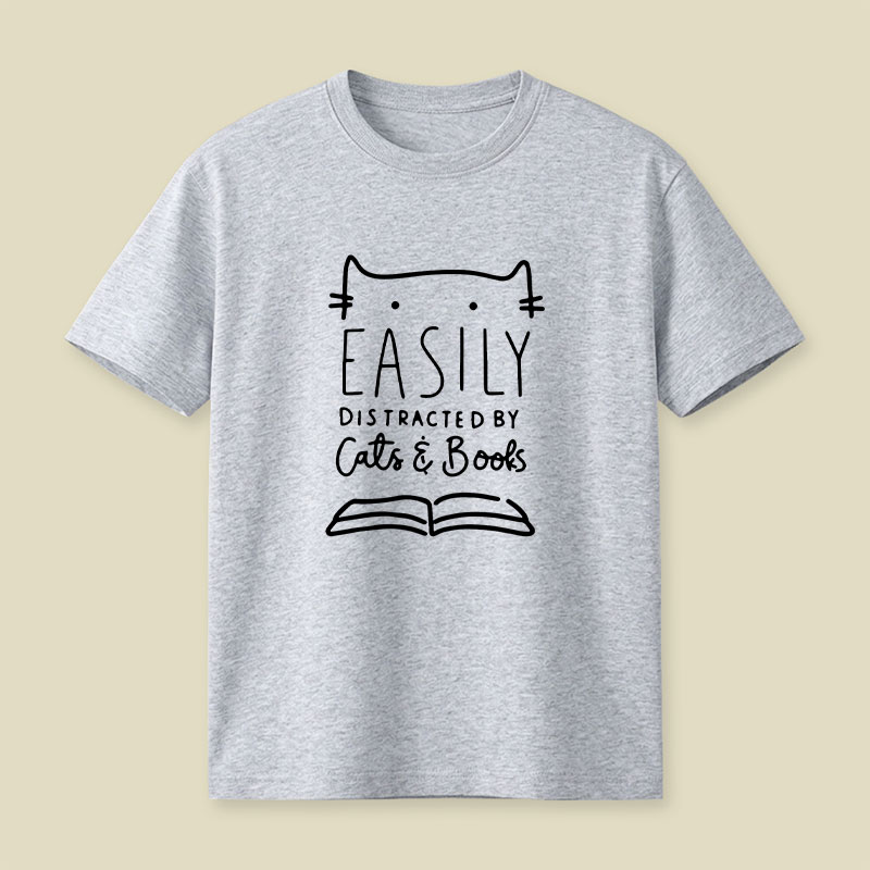 Funny Easily Distracted By Cats And Books Playful T-Shirt