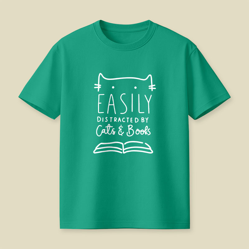 Funny Easily Distracted By Cats And Books Playful T-Shirt
