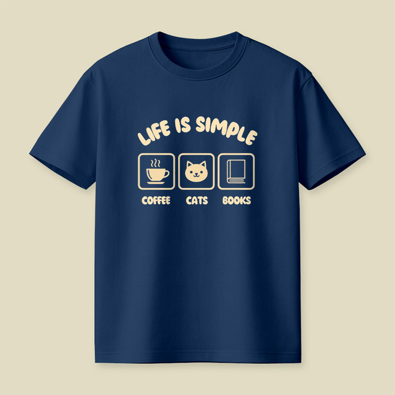 Life Is Simple Coffee Cats Books Playful T-Shirt