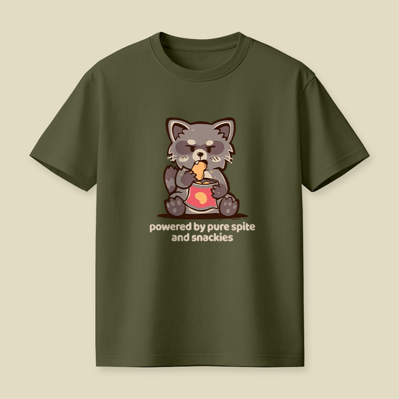 Powered By Spite And Snackies Raccoon Playful T-Shirt