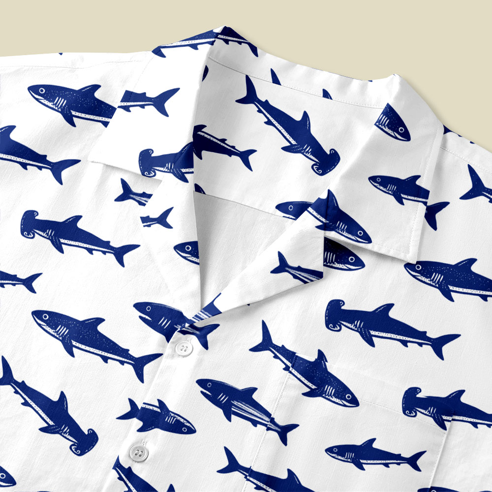 Nautical Blue Shark Stripe Strap Button Up Pocket Shirt