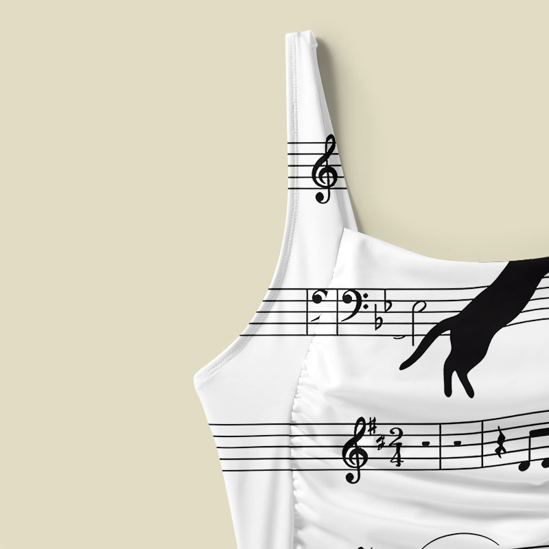 Musical Black Cat Sheet Tummy Control One Piece Swimsuit