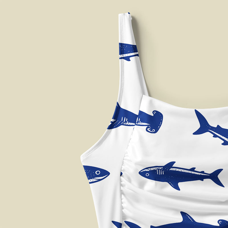 Nautical Blue Shark Tummy Control One Piece Swimsuit