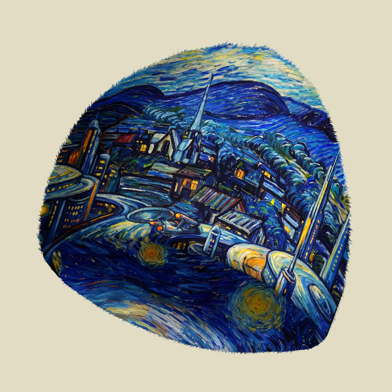 Starry Night Spaceship Fuzzy Beanie
