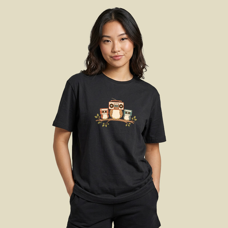 Owls With Boombox And Cassettes Playful T-Shirt