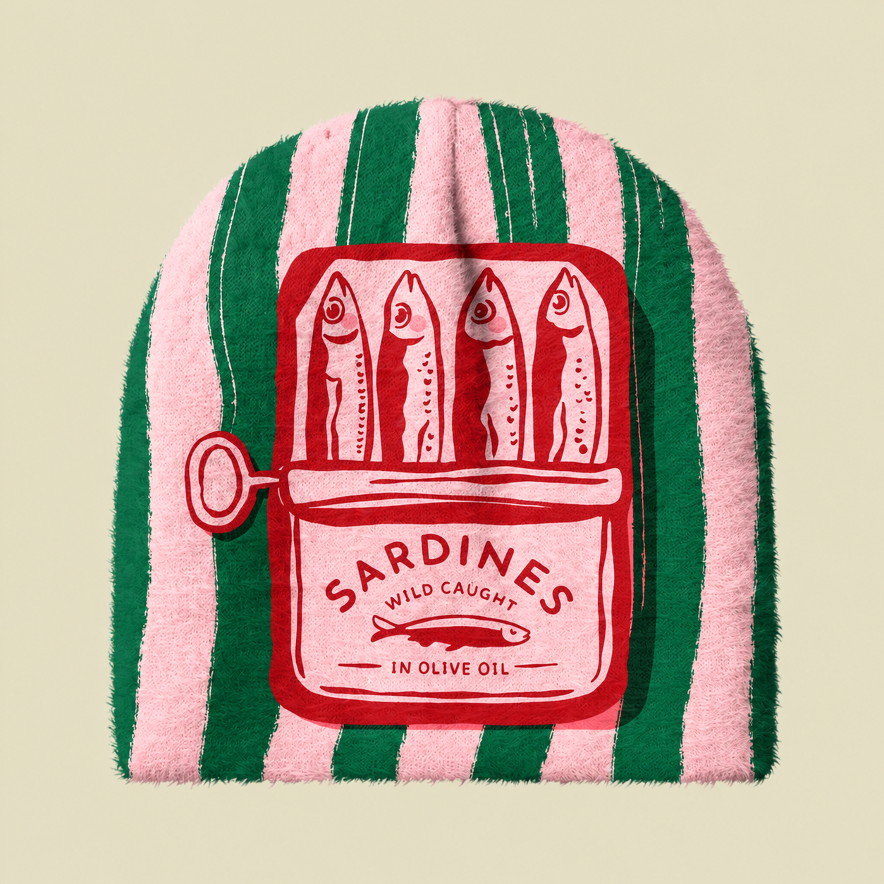 Sardines Colourful Maximalist Vintage Food Design Fuzzy Beanie
