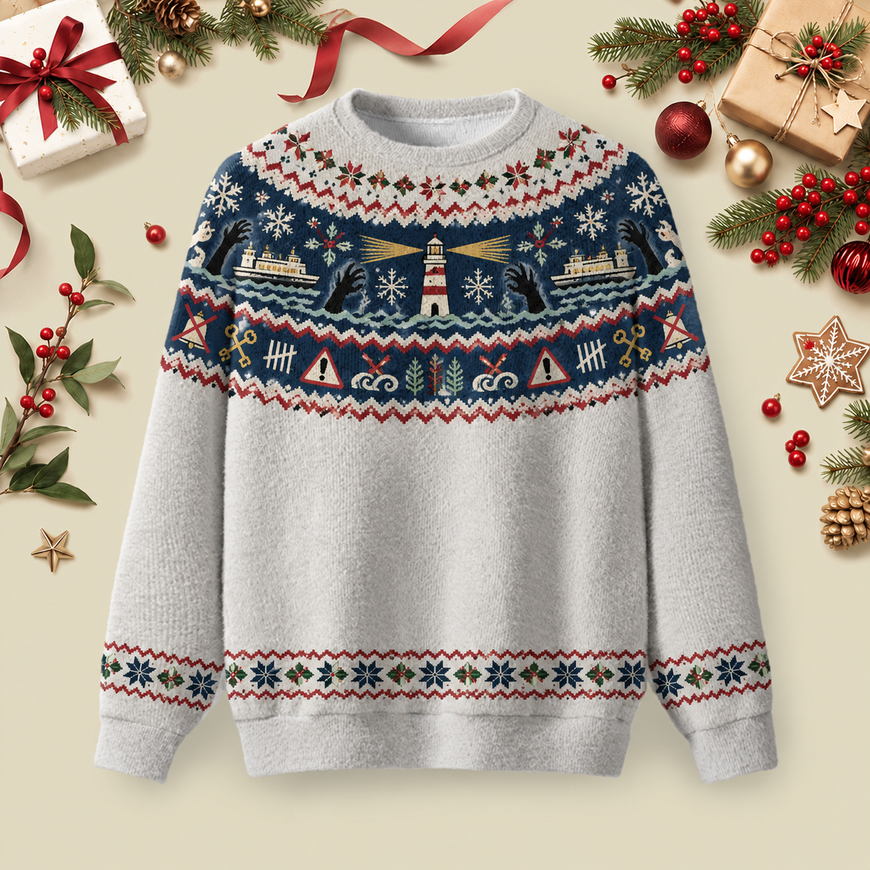 Maritime Monster Lighthouse Ugly Christmas Fluffy Sweatershirt