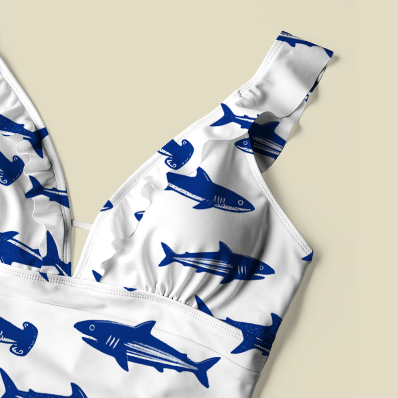 Nautical Blue Shark V-Neck One Piece Swimsuit