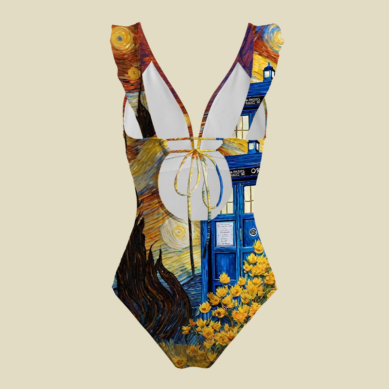 Tardis Time Travel Van Gogh Oil Painting V-Neck One Piece Swimsuit