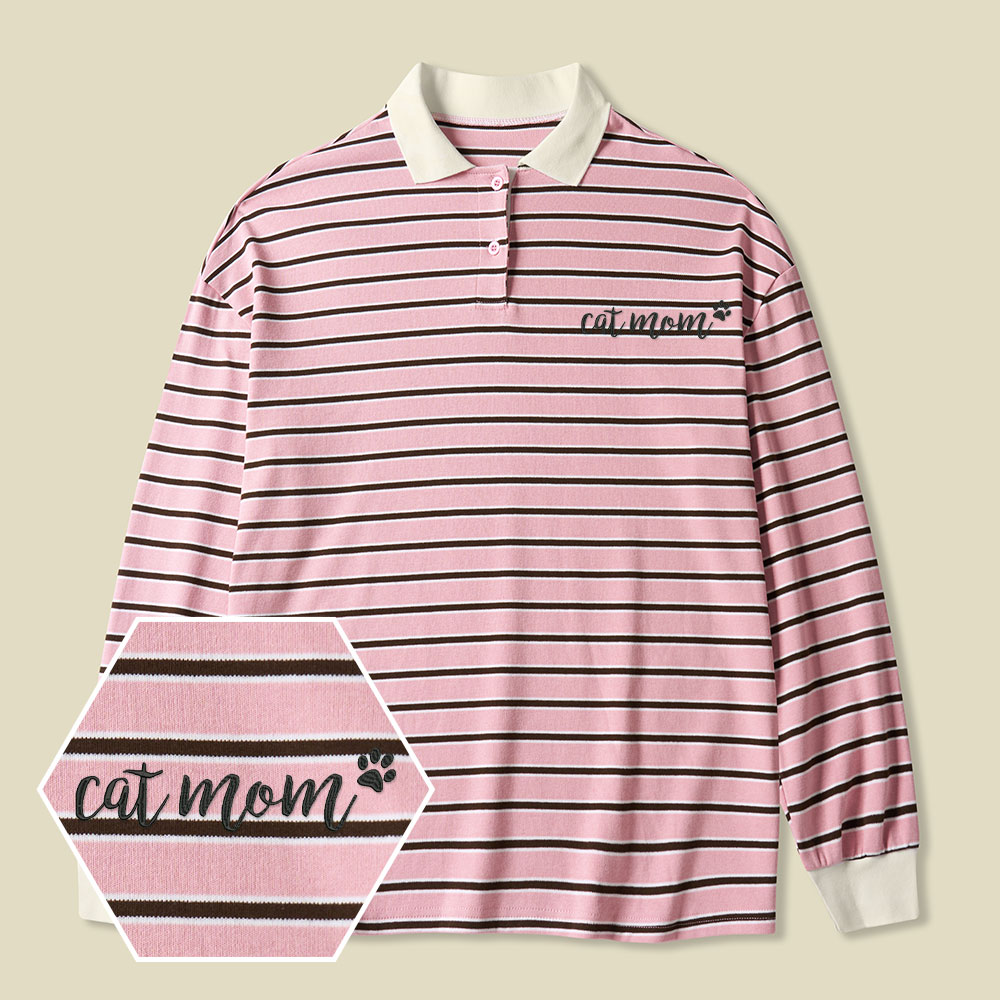 Cat Mom Lycra Striped Embroidered Long-Sleeve Polo