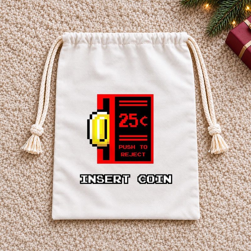Retro Arcade Insert Coin Christmas Drawstring Gift Bag