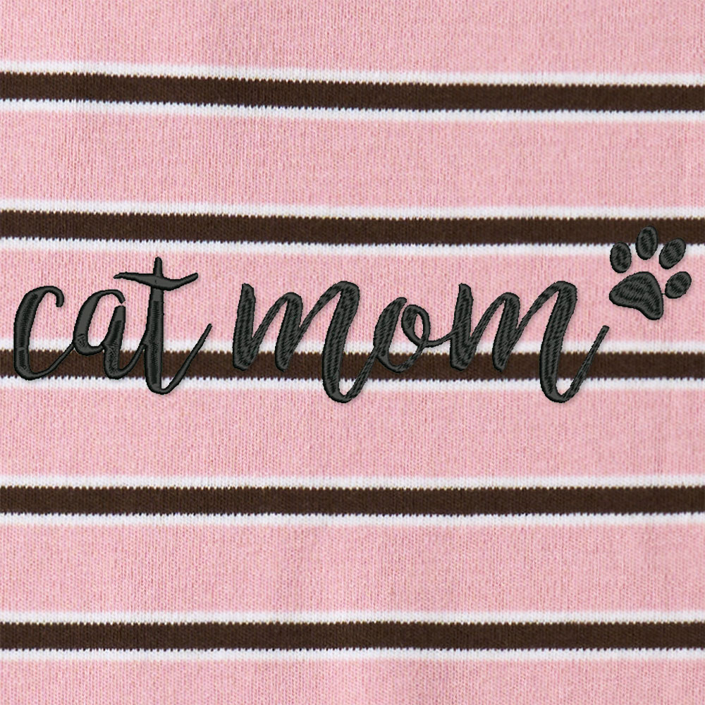 Cat Mom Lycra Striped Embroidered Long-Sleeve Polo