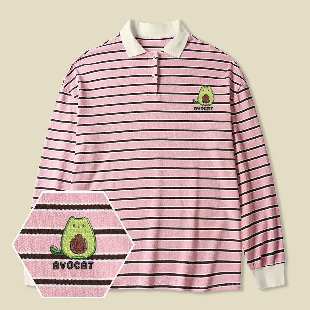 Cute Avocat Lycra Striped Embroidered Long-Sleeve Polo