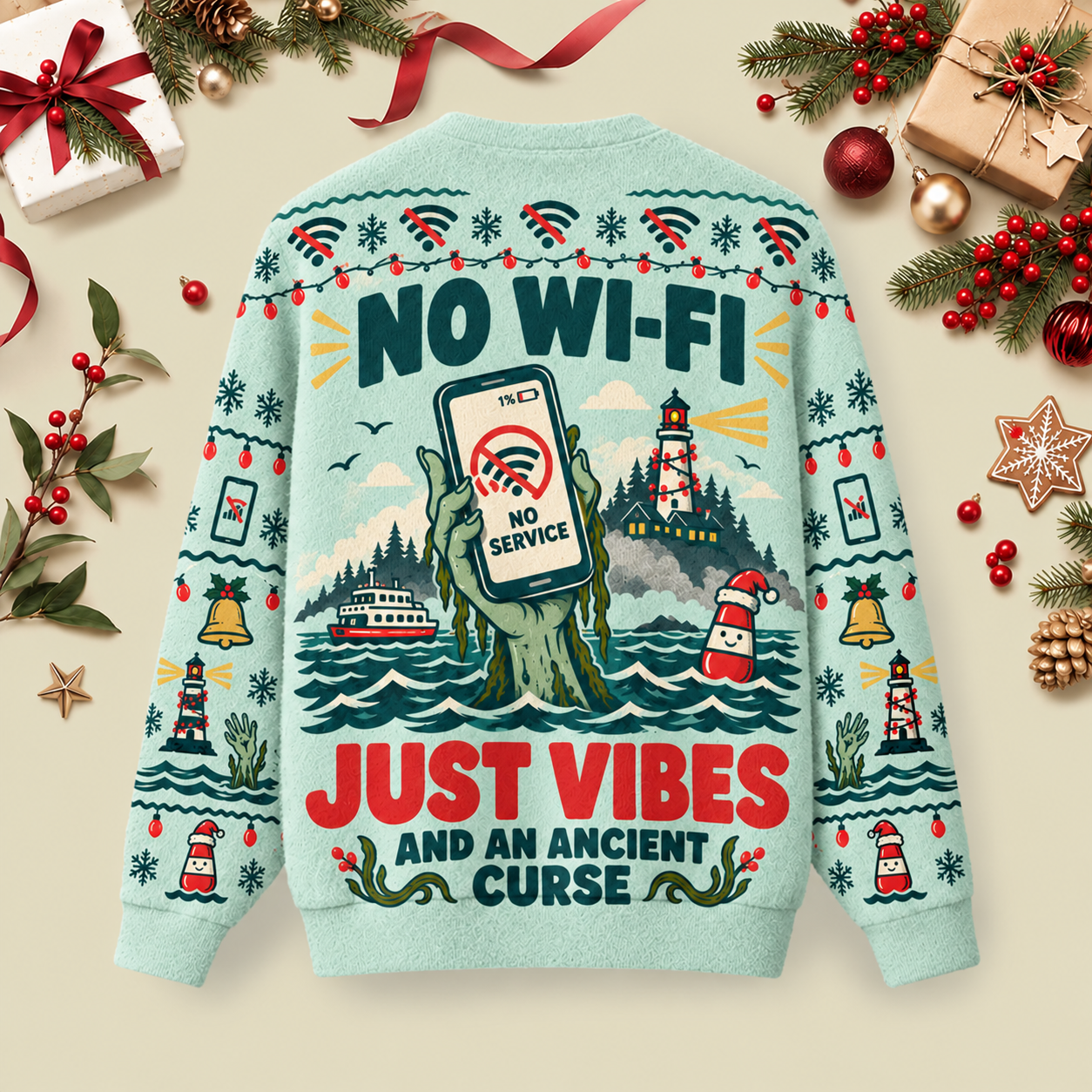 No Wi-Fi Just Vibes And An Ancient Curse Ugly Christmas Fluffy Sweatershirt