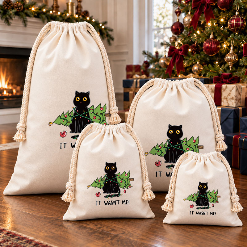 Cat and Christmas tree Christmas Drawstring Gift Bag