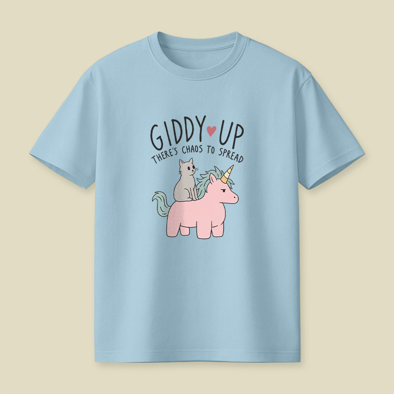 Cute Cat Riding Unicorn - Giddy Up Playful T-Shirt