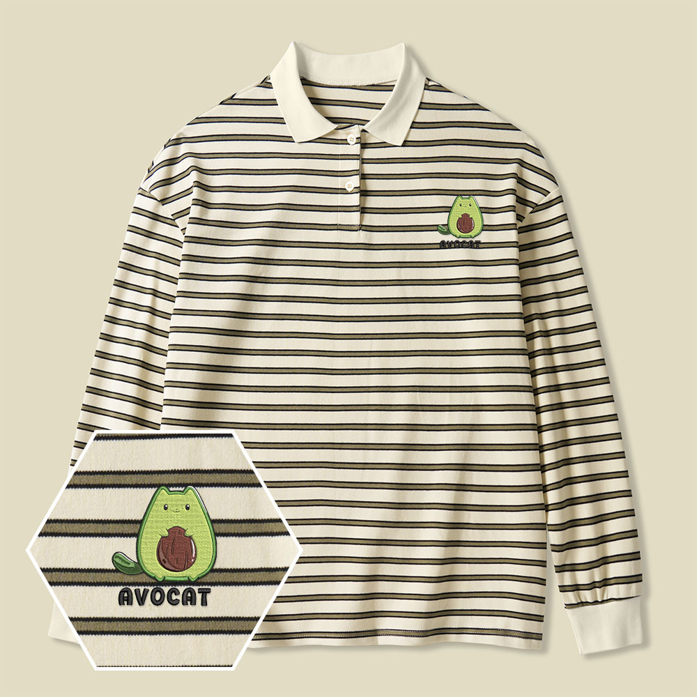 Cute Avocat Lycra Striped Embroidered Long-Sleeve Polo