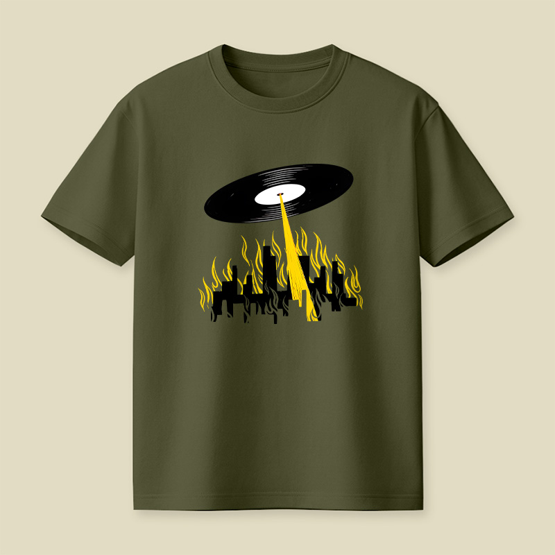 Vinyl Record UFO Invasion Burning City Playful T-Shirt