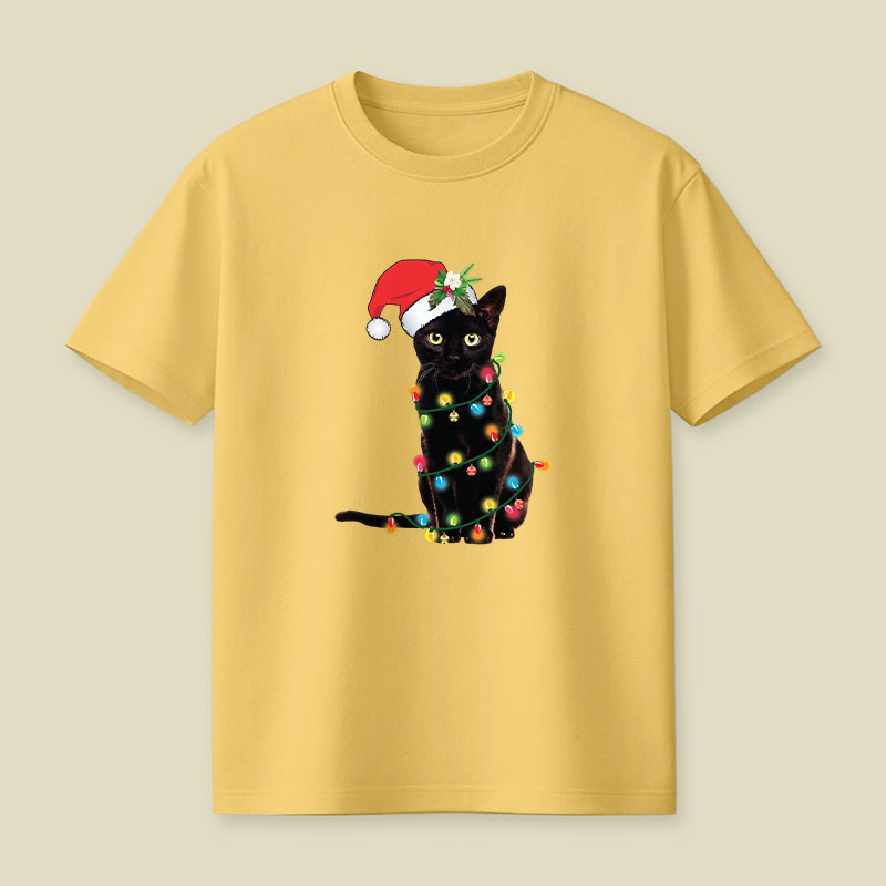 Santa Black Cat Tangled Up In Christmas Tree Lights Playful T-Shirt